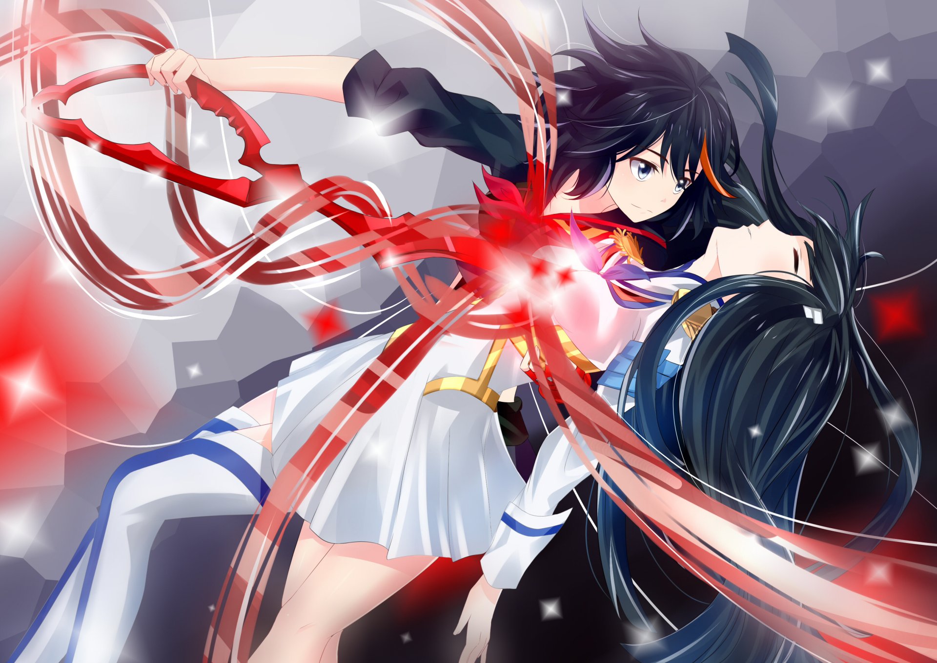 2K Quad HD PC desktop wallpaper of Satsuki Kiryūin and Ryūko Matoi from Kill La Kill: dynamic anime action scene with glowing red threads and intense lighting.
