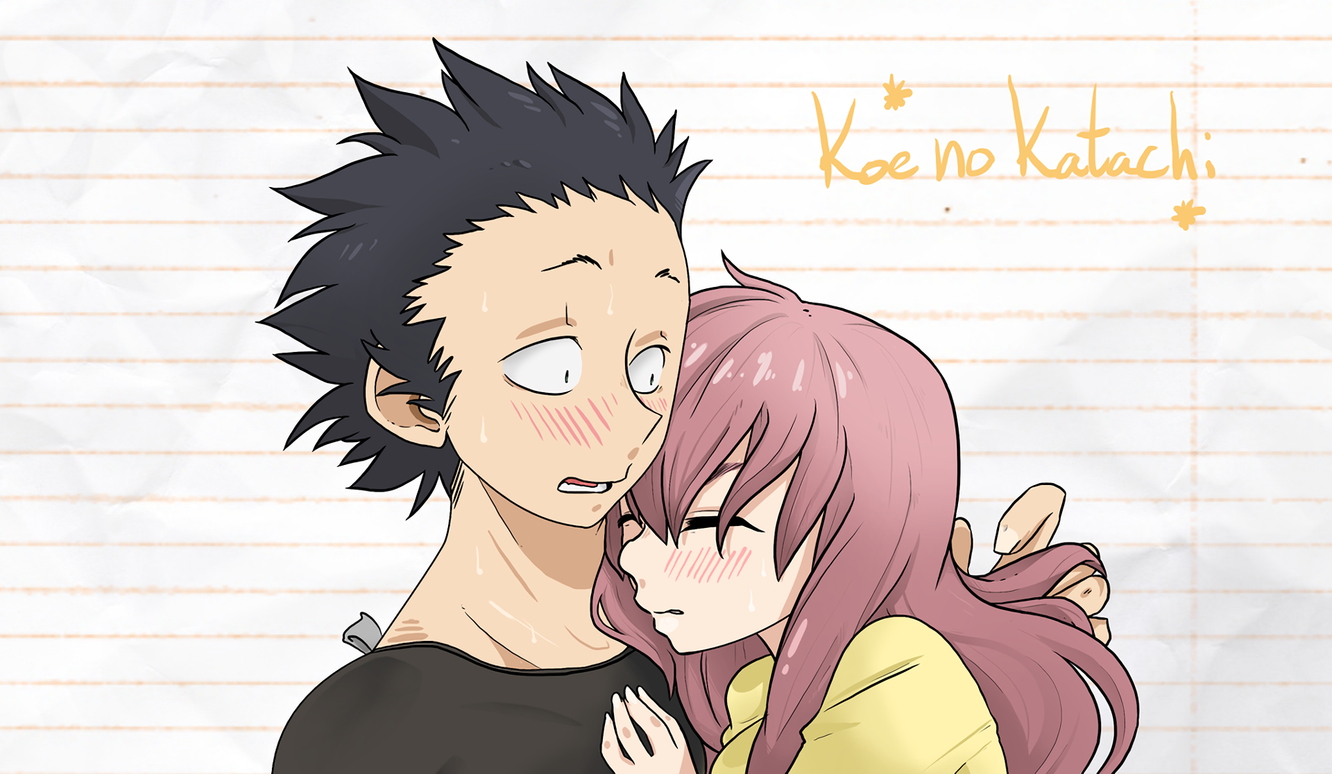 HD desktop wallpaper featuring Shouya Ishida and Shouko Nishimiya from the anime A Silent Voice, with Shouko resting her head on Shouya's shoulder, both blushing. Koe no Katachi text is visible in the background.