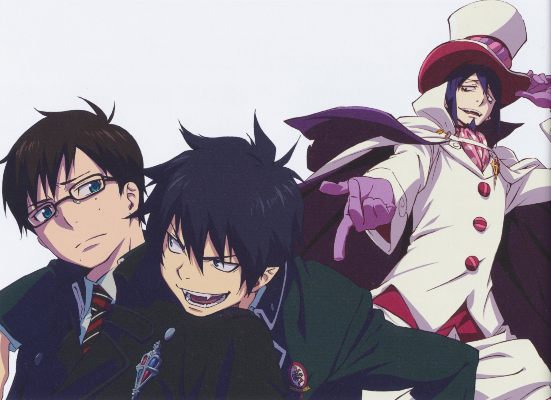 4K Ultra HD anime wallpaper featuring three characters from Blue Exorcist with distinct expressions and attire against a light background.