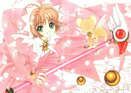 4K Ultra HD anime wallpaper featuring Sakura Kinomoto and Keroberos from Cardcaptor Sakura surrounded by cherry blossoms and magical elements.