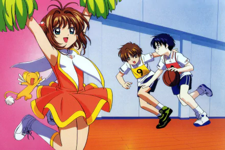 HD PC desktop wallpaper of Cardcaptor Sakura: Sakura Kinomoto cheering with Kero while Syaoran Li and Eriol Hiiragizawa play basketball.