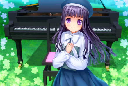 HD PC wallpaper of Tomoyo Daidouji (Cardcaptor Sakura): anime portrait of her with long purple hair and violet eyes in school uniform standing before a grand piano on a clover-green field.