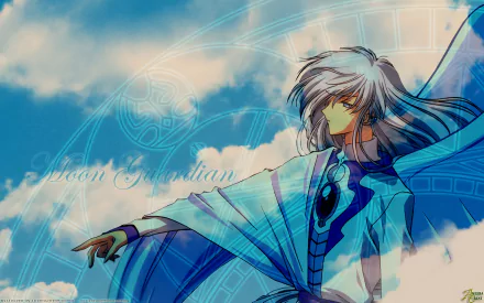 HD desktop wallpaper of Yukito Tsukishiro from the anime Cardcaptor Sakura, featuring him against a blue sky with mystical symbols in the background.