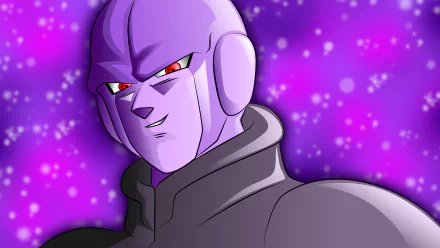 HD desktop wallpaper featuring Hit, a character from Dragon Ball Super, against a vibrant purple background with glowing specks.