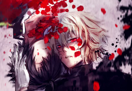 HD wallpaper featuring Yūichirō Hyakuya and Mikaela Hyakuya from the anime Seraph of the End. The artwork depicts intense emotions and dynamic composition, with red petals contrasting the characters' expressions.