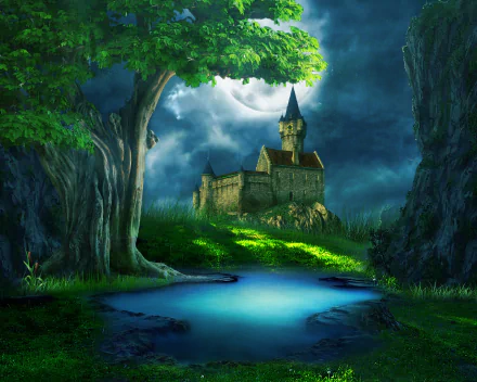 HD artistic wallpaper depicting a mysterious castle in a lush forest, framed by large trees and reflected in a calm blue pond under a dramatic sky.