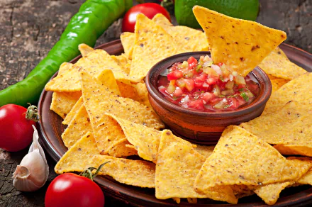 8K Ultra HD desktop wallpaper featuring a plate of triangular corn chips with a bowl of fresh salsa, surrounded by tomatoes, garlic, and green chili peppers.