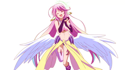 HD desktop wallpaper featuring Jibril from the anime No Game No Life, showcasing her in a joyful expression with her wings spread and wearing a flowy yellow and purple outfit.