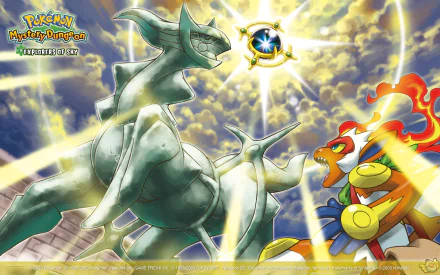 HD desktop wallpaper from the video game Pokémon Mystery Dungeon: Explorers of Sky, featuring Infernape and Arceus in a dynamic, radiant battle scene.