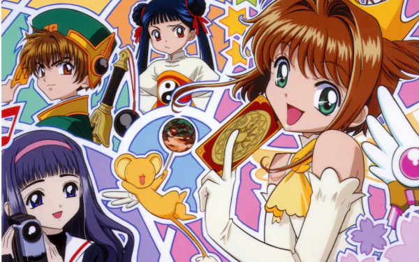 Anime-style 4K Ultra HD desktop wallpaper featuring Tomoyo Daidouji, Keroberos, Meiling Li, Syaoran Li, and Sakura Kinomoto from Cardcaptor Sakura.