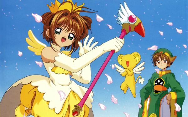Cardcaptor Sakura anime 2K Quad HD desktop wallpaper: Sakura Kinomoto in a yellow costume with her staff, Keroberos floating nearby, Syaoran Li in a green cloak amid falling cherry petals.