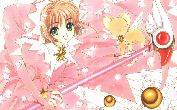 4K Ultra HD anime wallpaper featuring Sakura Kinomoto and Keroberos from Cardcaptor Sakura surrounded by cherry blossoms and magical elements.