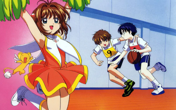 HD PC desktop wallpaper of Cardcaptor Sakura: Sakura Kinomoto cheering with Kero while Syaoran Li and Eriol Hiiragizawa play basketball.