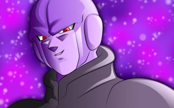 HD desktop wallpaper featuring Hit, a character from Dragon Ball Super, against a vibrant purple background with glowing specks.