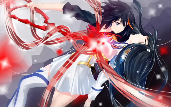 2K Quad HD PC desktop wallpaper of Satsuki Kiryūin and Ryūko Matoi from Kill La Kill: dynamic anime action scene with glowing red threads and intense lighting.