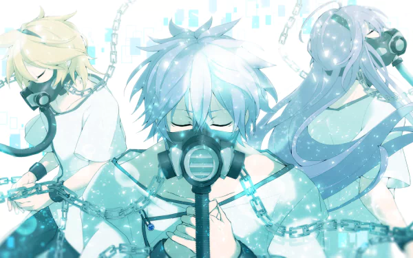 HD PC wallpaper featuring anime-style Vocaloid characters Kamui Gakupo, Kaito, and Len Kagamine with futuristic, glowing effects.