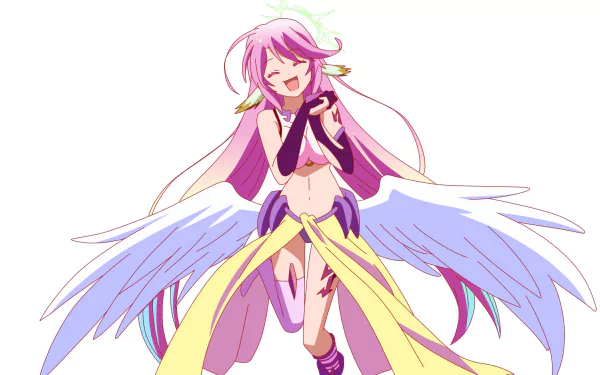 HD desktop wallpaper featuring Jibril from the anime No Game No Life, showcasing her in a joyful expression with her wings spread and wearing a flowy yellow and purple outfit.