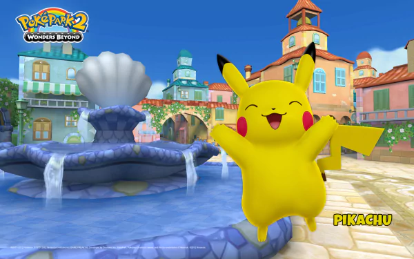 HD PC desktop wallpaper featuring Pikachu joyfully jumping in a colorful town square from the video game PokéPark 2: Wonders Beyond.