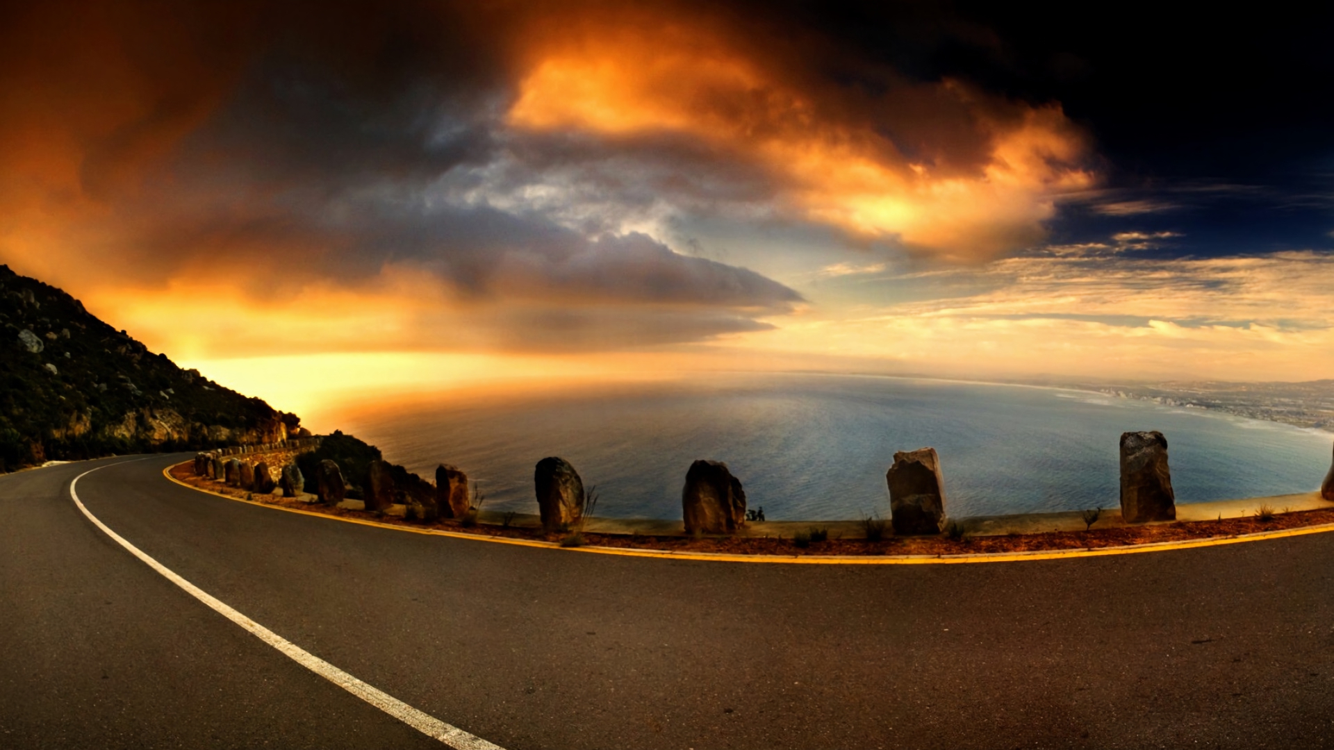 Download Horizon Sunset Sky Sea Ocean Man Made Road Hd Wallpaper