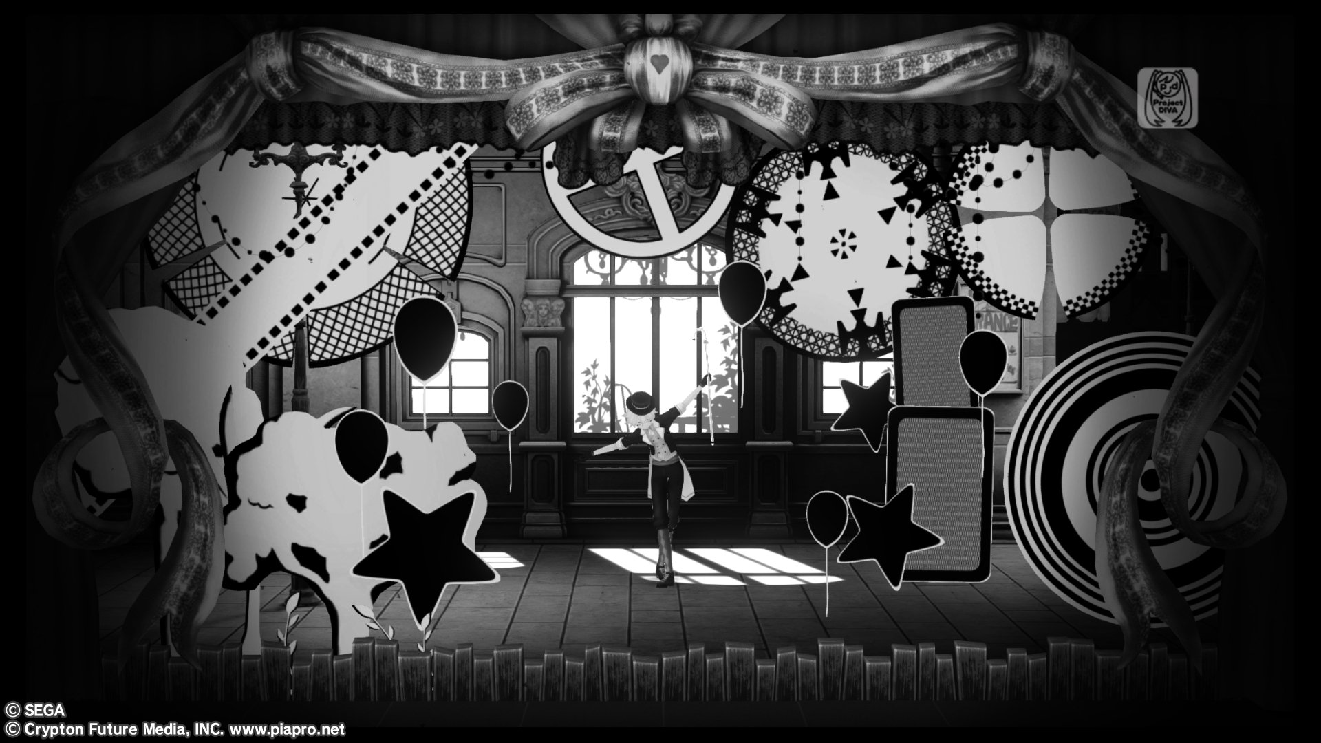 Grayscale HD PC desktop wallpaper featuring Len Kagamine (Vocaloid) in an anime-style stage scene with gears, window light, musical motifs and bold star silhouettes as background.