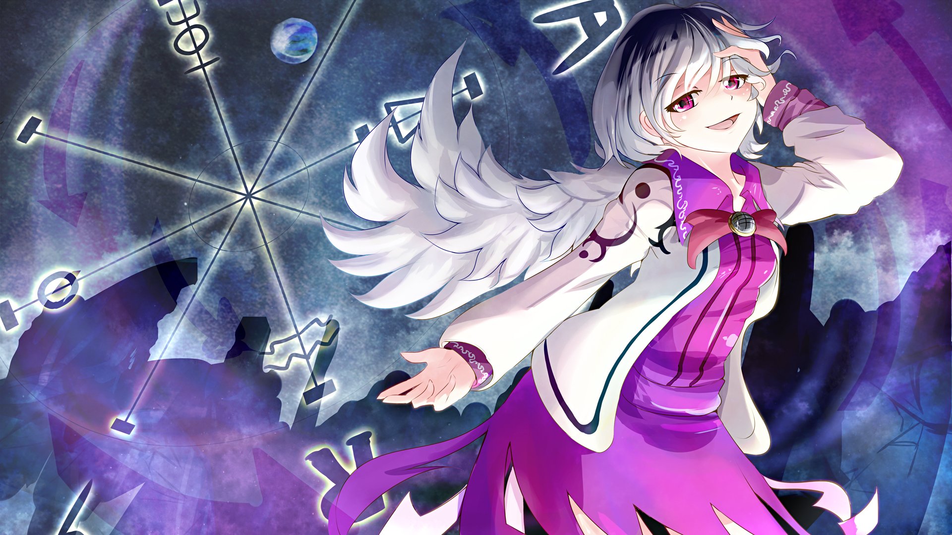 HD anime desktop wallpaper featuring Sagume Kishin from Touhou, showcasing her with white wings and a dynamic mystical background filled with symbols and celestial elements.