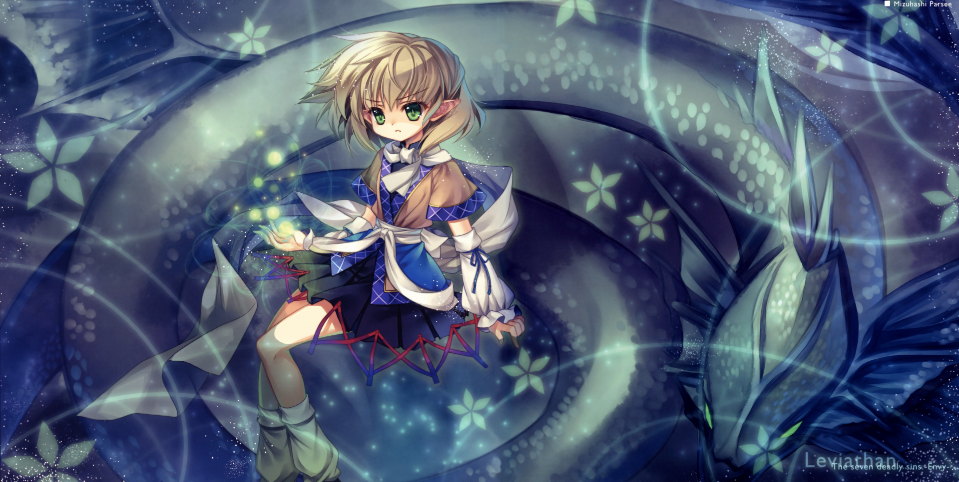 An 8K Ultra HD anime wallpaper featuring Parsee Mizuhashi from Touhou, surrounded by glowing blue and green floral patterns and swirling mystical energy.