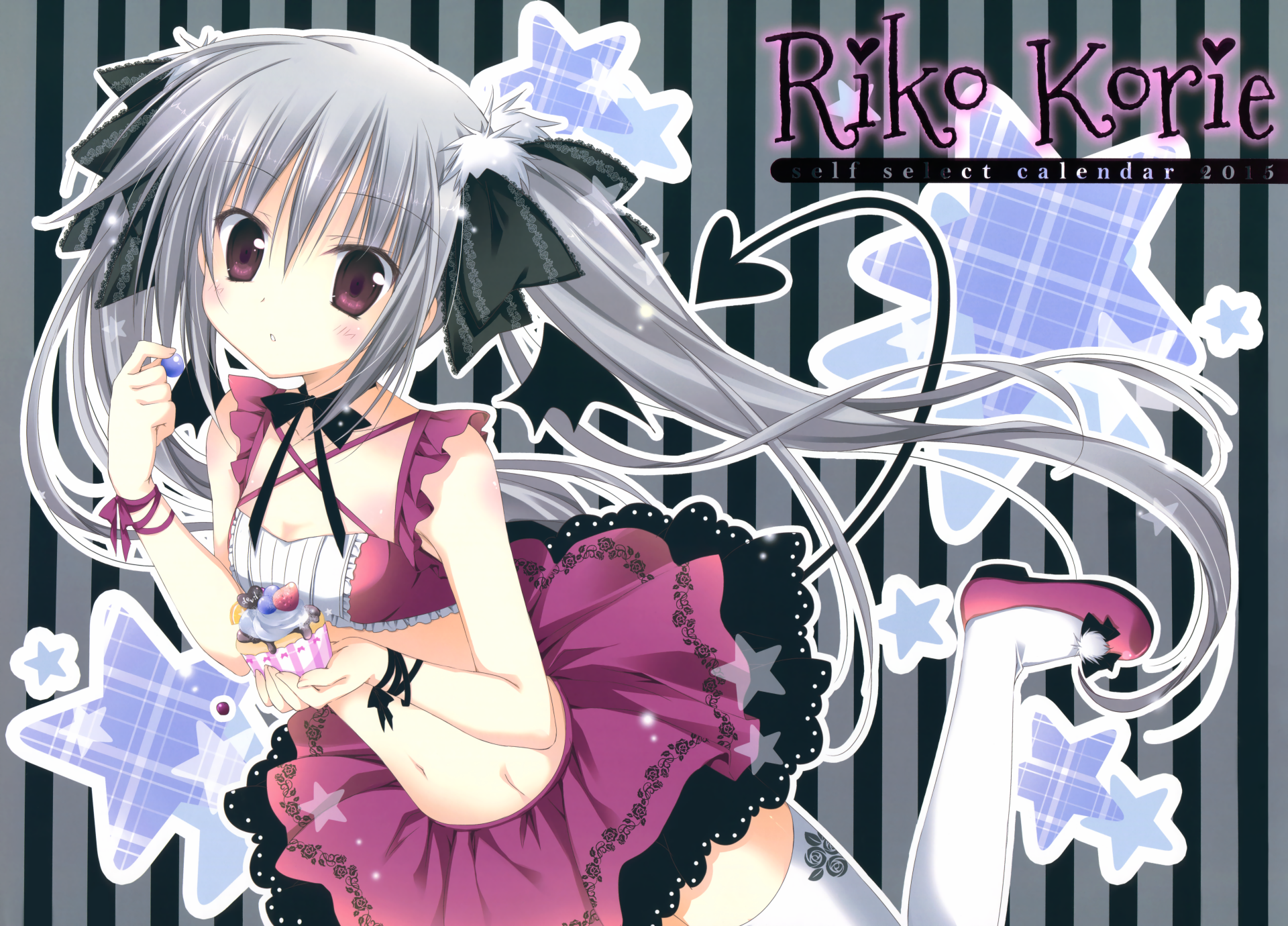 Original anime 5K Ultra HD PC desktop wallpaper: silver-haired twin-tail girl in a frilly magenta dress with ribbon accents and star motifs on a striped background.