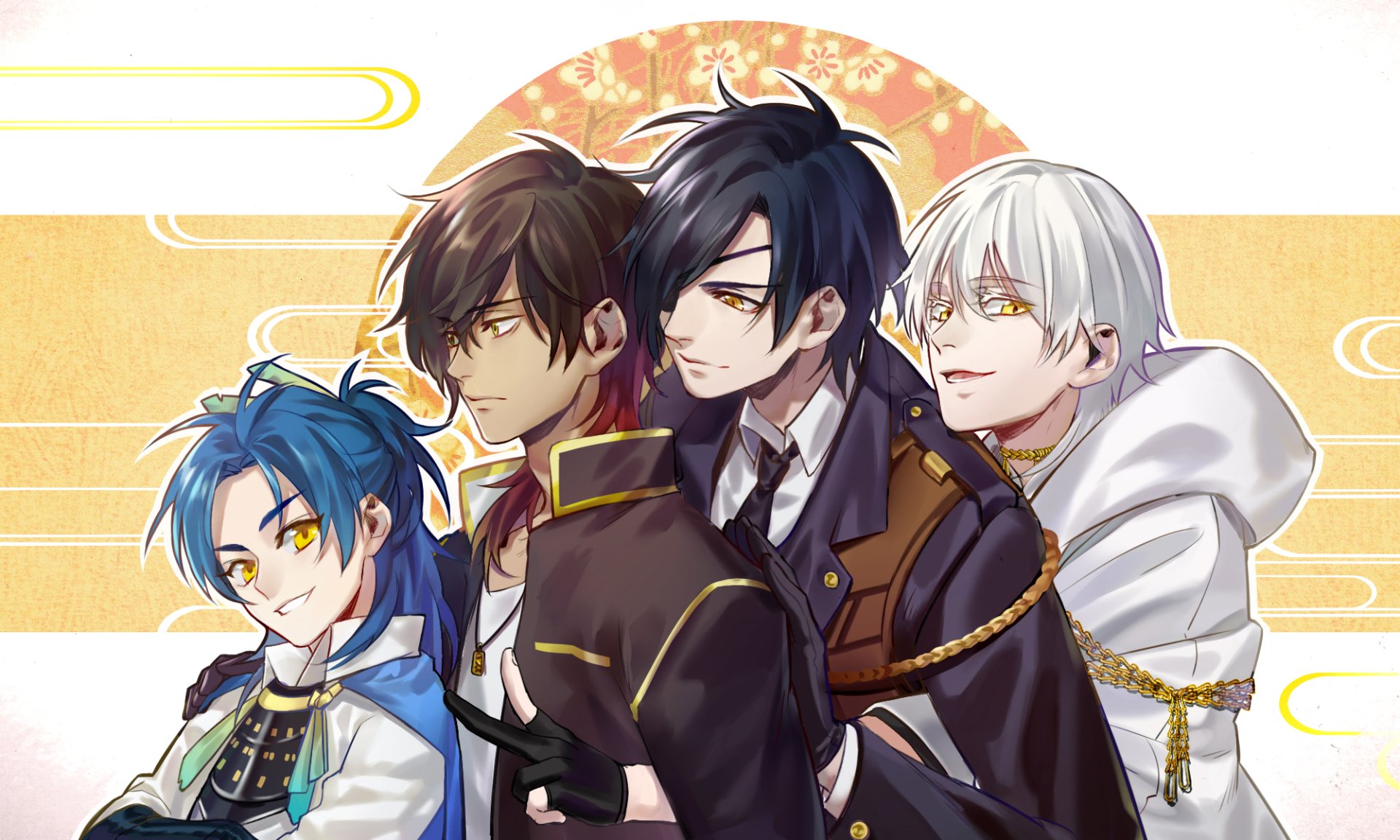 HD anime wallpaper featuring Tsurumaru Kuninaga, Taikogane Sadamune, Shokudaikiri Mitsutada, and Ookurikara from Touken Ranbu, showcasing vibrant character designs.