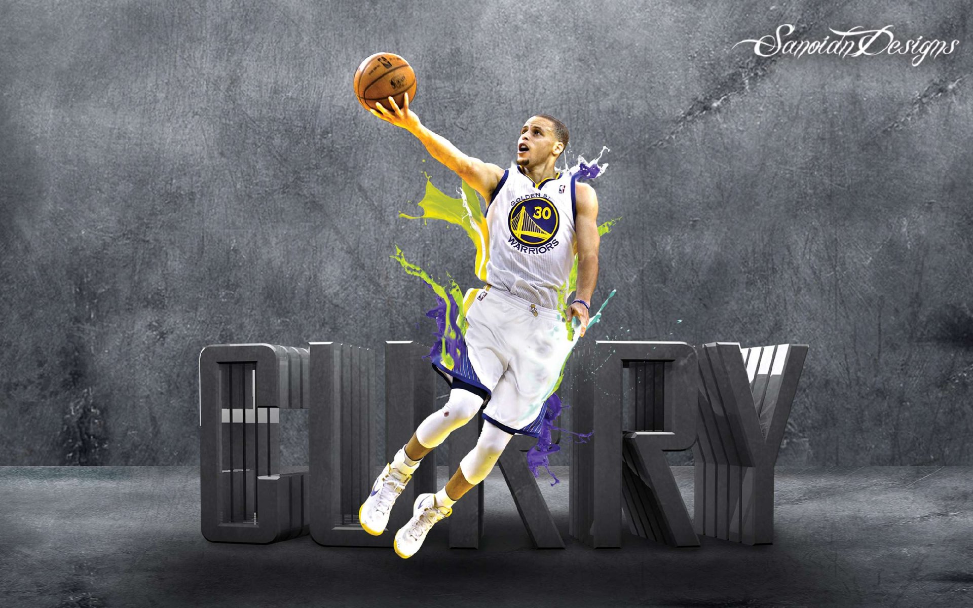 HD desktop wallpaper featuring an artistic representation of Stephen Curry in action on a stylized basketball court background.