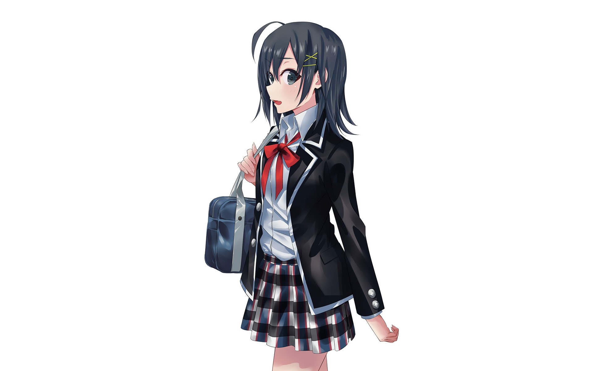 HD PC desktop wallpaper of Komachi Hikigaya from the anime My Teen Romantic Comedy SNAFU — schoolgirl in a black blazer, plaid skirt and red ribbon, holding a blue school bag on a white background.