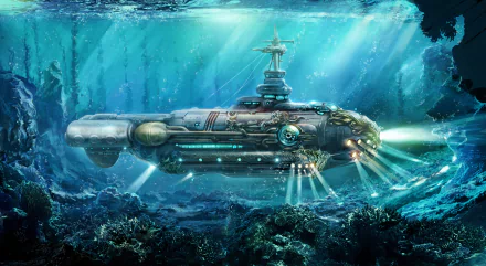 HD wallpaper featuring a steampunk fantasy submarine inspired by the Nautilus, navigating underwater through the ocean amidst vibrant marine life.