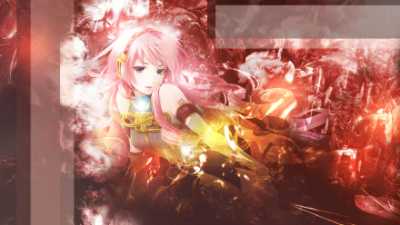 HD PC desktop wallpaper featuring Luka Megurine from Vocaloid in a dynamic, fiery anime-style design with vibrant red and orange tones.