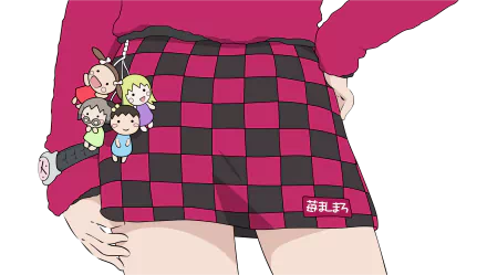 Anime — Strawberry Marshmallow — 2K Quad HD PC desktop wallpaper: close-up of a pink-and-black checkered mini skirt with chibi character keychain and hands resting on hips.