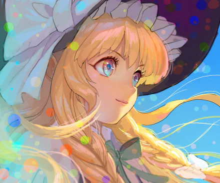 An HD desktop wallpaper featuring Marisa Kirisame from Touhou. The anime-style image showcases her blonde hair and colorful background, highlighting her vibrant and magical essence.