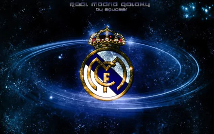 HD wallpaper featuring the Real Madrid C.F. logo set against a cosmic galaxy backdrop with a crown overlay.