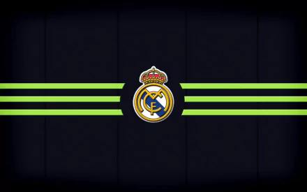 Real Madrid C.F. logo centered on a dark background with green stripes, HD desktop wallpaper.