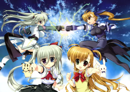 5K Ultra HD PC wallpaper: Vivio and Einhart Stratos from ViVid Strike! — two anime girls clash glowing fists above a sky backdrop, with two small mascots in the foreground.