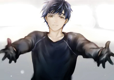 HD desktop wallpaper featuring a character from the anime Yuri!!! on ICE. The character is shown with an outstretched hand, wearing a dark shirt against a light, blurry background.