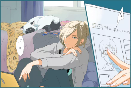 HD desktop wallpaper featuring Yuri Plisetsky from Yuri!!! on ICE, relaxing with a cat nearby and a laptop. A hand is holding a profile sheet with another character's face.
