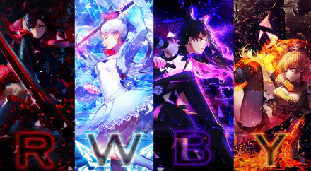 HD desktop wallpaper featuring the main characters of RWBY with a vibrant, dynamic background highlighting their individual colors and themes.