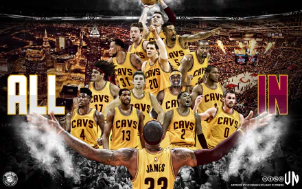 HD desktop wallpaper featuring Cleveland Cavaliers basketball players with the slogan ALL IN against an arena backdrop.