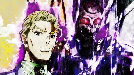 HD PC desktop wallpaper featuring Yoshikage Kira and Killer Queen from the anime JoJo's Bizarre Adventure, showcasing vibrant colors and dynamic character design.