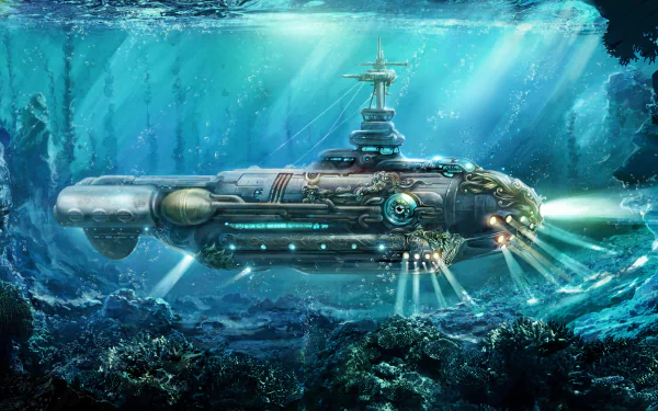 HD wallpaper featuring a steampunk fantasy submarine inspired by the Nautilus, navigating underwater through the ocean amidst vibrant marine life.