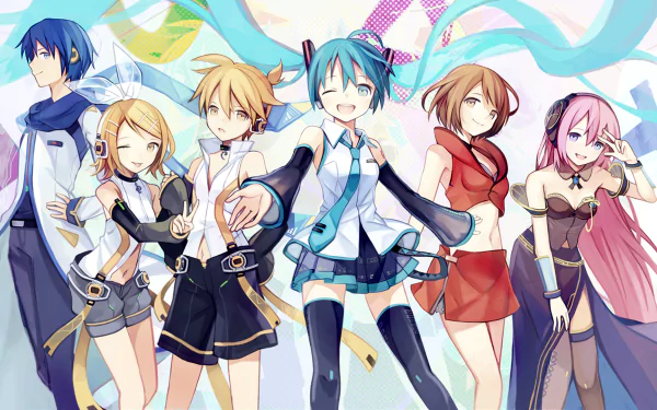 HD PC desktop wallpaper featuring vibrant anime-style artwork of Vocaloid characters Hatsune Miku, Kaito, Meiko, Luka Megurine, Len and Rin Kagamine from Project Diva.