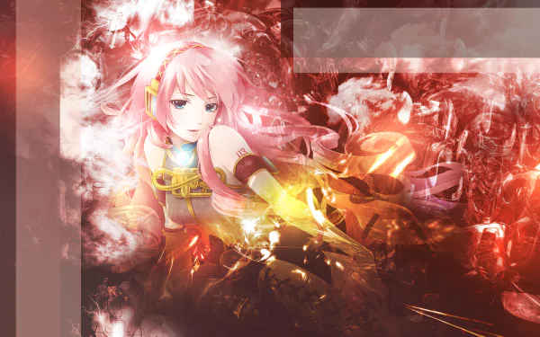 HD PC desktop wallpaper featuring Luka Megurine from Vocaloid in a dynamic, fiery anime-style design with vibrant red and orange tones.