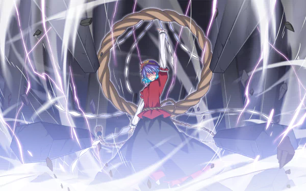 HD anime desktop wallpaper featuring Kanako Yasaka from Touhou, surrounded by dynamic lightning and a large braided rope in an electrifying scene.