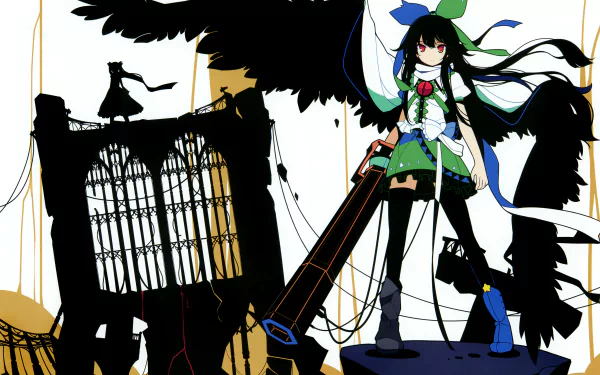 Utsuho Reiuji (Touhou) anime 5K Ultra HD PC desktop wallpaper: green-uniformed girl with ribbons, a giant cannon and black wings standing amid stark, shadowy silhouettes.
