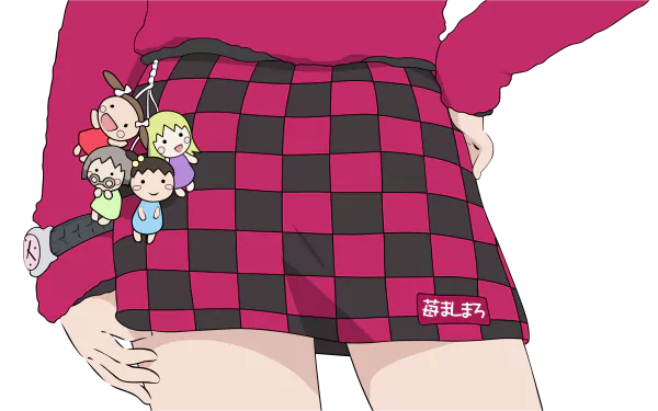 Anime — Strawberry Marshmallow — 2K Quad HD PC desktop wallpaper: close-up of a pink-and-black checkered mini skirt with chibi character keychain and hands resting on hips.