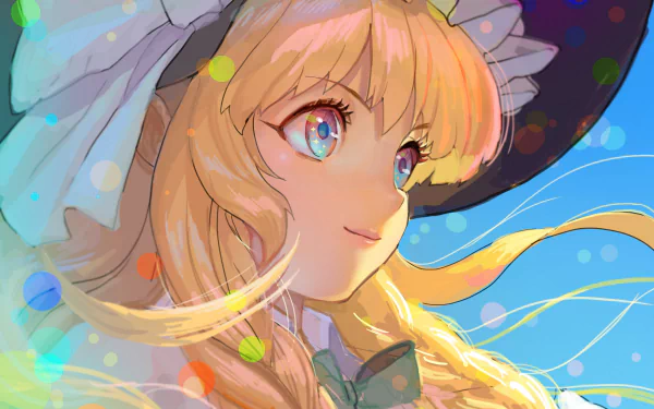 An HD desktop wallpaper featuring Marisa Kirisame from Touhou. The anime-style image showcases her blonde hair and colorful background, highlighting her vibrant and magical essence.