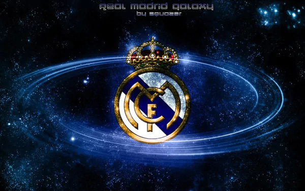 HD wallpaper featuring the Real Madrid C.F. logo set against a cosmic galaxy backdrop with a crown overlay.